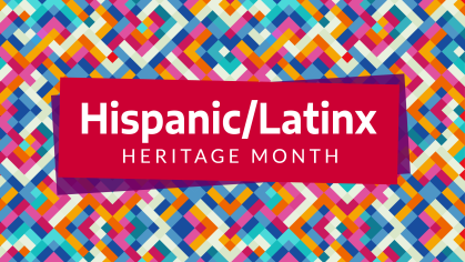 An illustration of colorful square blocks with a large rectangular red block in the front with the words Hispanic/LatinX Heritage Month
