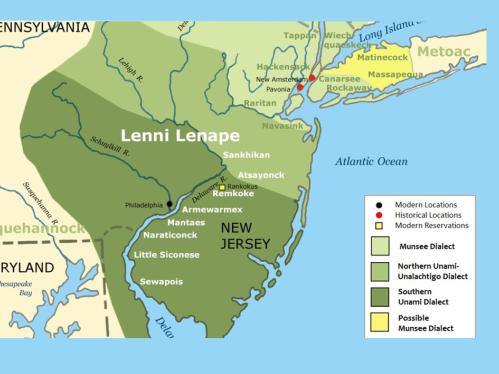 map of New Jersey and East coast showing where the Lenni Lenape tribe occupied