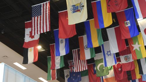 flags hanging from the ceiling