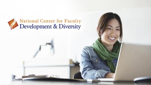 Young asian woman smiling while looking at a laptop in a classroom and in the top left corner are the words "National Center for Faculty Development and Diversity."
