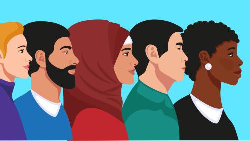Illustrated sideview of a diverse group of faculty members- white blond woman in a purple turtle neck, a middle eastern man in a blue t-shirt, a muslim woman with a red hijab, an asian man in a green polo shirt and a black woman win a black and white blouse.  