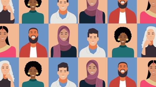 An illustrated collage of faces of people of different races in separate boxes smiling