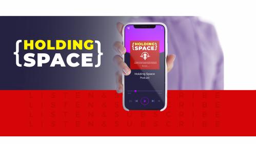 Holding Space with a photo of a white hand holding up a phone that is playing the Holding Space podcast