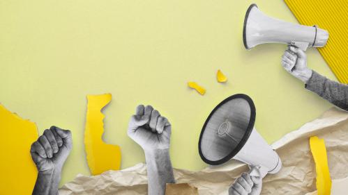 Paper collage featuring cutouts of hands holding a bullhorn and fists in the air against a sky blue background