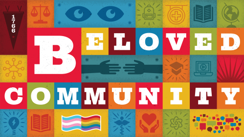 An illustrated colorful patchwork of equitable values around the words Beloved Community