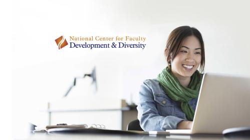 Young asian woman smiling while looking at a laptop in a classroom and in the top left corner are the words "National Center for Faculty Development and Diversity."