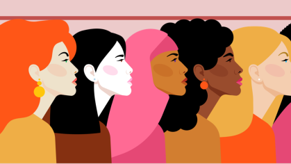 Illustration of a diverse group of women, Black, Muslim, Caucasian, Asian with their heads turned to the side looking ahead