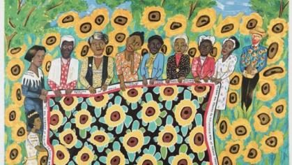 The Sunflower Quilting Bee at Arles, 1996, Color lithograph, Image and Sheet: 22 9/16 × 30 1/16 inches, Collection of Judith K. Brodsky. Gift of the Brodsky Center. 1996.0181 ©2022 Faith Ringgold / Artists Rights Society (ARS), New York, Courtesy ACA Galleries, New York.