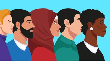 Illustrated sideview of a diverse group of faculty members- white blond woman in a purple turtle neck, a middle eastern man in a blue t-shirt, a muslim woman with a red hijab, an asian man in a green polo shirt and a black woman win a black and white blouse.  