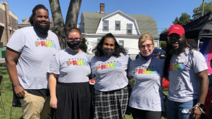 (L to R): Darnell Thompson (he/him), assistant director of education; Lindsay Jeffers (she/her), assistant director of programming; Priyanka Bharadwaj (she/her), graduate coordinator; AnnMarie Burg (she/her), administrative assistant; Keywuan Caulk (he/him), director.