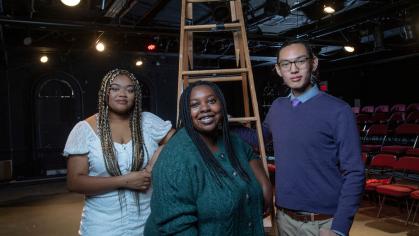 Cabaret Theatre’s Uchenna Agbu, Livingston Theater Company’s Kira Harris and College Avenue Players’ Kyle Cao on stage at Cabaret's Black Box Theatre.