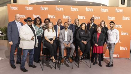 Leaders from Fiserv and Rutgers-Newark with recipients of the company's Back2Business grants. Photo: Tamara Fleming