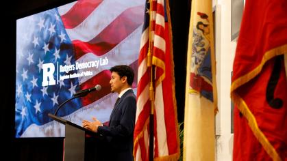 Rutgers University–New Brunswick junior Christopher Godoy, a student assistant at the Eagleton Institute of Politics, speaks at event to launch the Rutgers Democracy Lab.