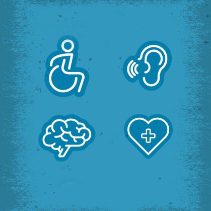 Blue and white Symbols of accessibility - wheelchair, brain, an ear lobe and a heart with a plus sign in it.