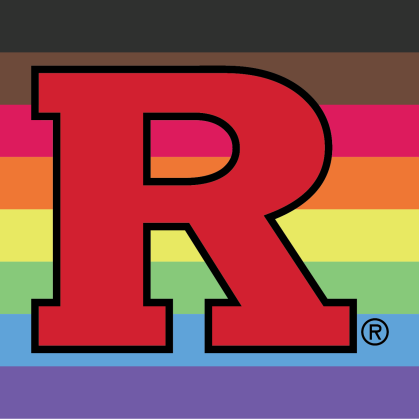 The red rutgers R on top of a multi-colored flag representing LGBTQ people