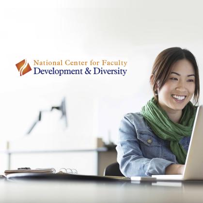 Young asian woman smiling while looking at a laptop in a classroom and in the top left corner are the words "National Center for Faculty Development and Diversity."