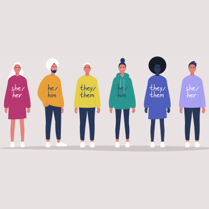 LGBT movement of young people wearing sweaters with their gender pronouns - she, he, them