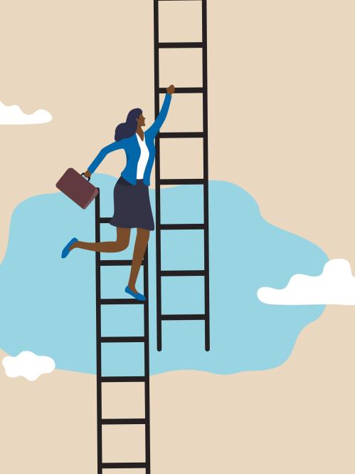 An illustration of a woman climbing a ladder and crossing over to another ladder of success