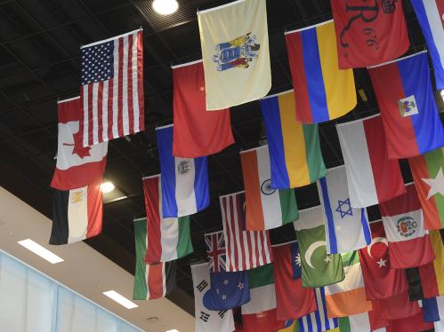 flags hanging from the ceiling