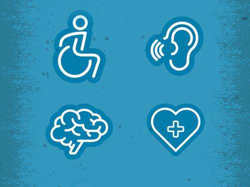 Blue and white Symbols of accessibility - wheelchair, brain, an ear lobe and a heart with a plus sign in it.