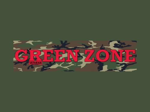 The word Green Zone in red and the word veteran smaller and positioned under the R. The words are on top of a army fatigue and green background
