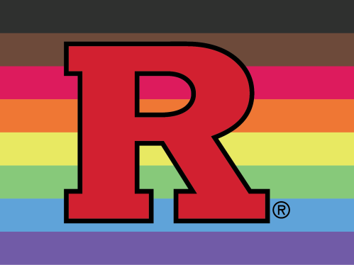 The red rutgers R on top of a multi-colored flag representing LGBTQ people