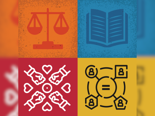 Quadrant - book, scales, heart, people with extended background
