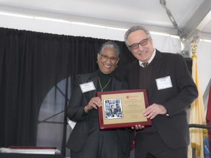 Denise Rodgers (MD), Vice Chancellor Inter-professional Programs, RBHS , CACP Chair, with Clement A. Price Human Dignity Award recipient, Peter Guarnaccia (Faculty, New Brunswick) at the Beloved Community Awards celebration