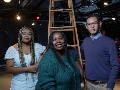 Cabaret Theatre’s Uchenna Agbu, Livingston Theater Company’s Kira Harris and College Avenue Players’ Kyle Cao on stage at Cabaret's Black Box Theatre.