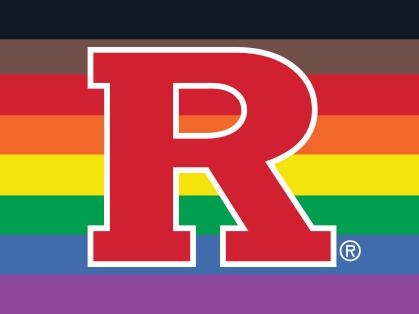 Rutgers block logo on top of pride flag