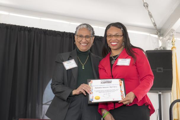 Denise Rodgers (MD), Vice Chancellor Interprofessional Programs, RBHS , CACP Chair, pictured with Beloved Community Award recipient Natalie Moore-Bembry (New Brunswick)