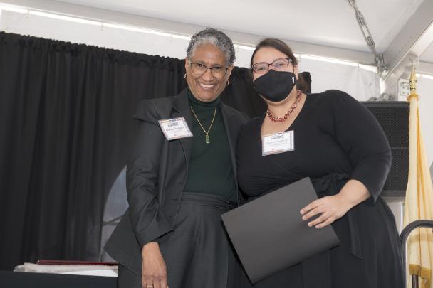 Denise Rogers Vice Chancellor Interprofessional Programs, RBHS , CACP Chair poses for a photo with Beloved Community Award recipient Christina Strasburger (Newark)