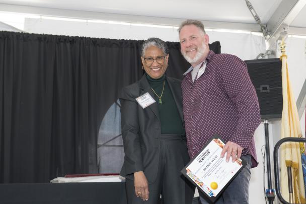 Denise Rodgers (MD), Vice Chancellor Interprofessional Programs, RBHS , CACP Chair, pictured with Beloved Community Award recipient James West (New Brunswick)
