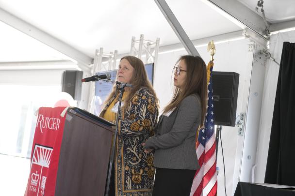 (l. to r.) Mary Beth Daisy, Associate Chancellor for Student Affairs - Camden and Ji H. Lee, Executive Director for Intercultural Engagement and Inclusion Initiatives preside over the Beloved Community Art Award Presentation