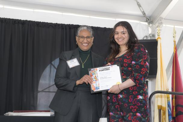 (l. to r.) Denise Rodgers (MD), Vice Chancellor Interprofessional Programs, RBHS , CACP Chair, with Beloved Community Art Award 2nd place winner for Visual Arts & Film category, Ria Monga (New Brunswick)