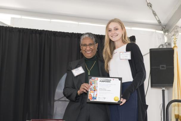 (l. to r.) Denise Rodgers (MD), Vice Chancellor Interprofessional Programs, RBHS , CACP Chair, pictured with Beloved Community Art Award 3rd place winner for Visual Arts & Film category, Lily Beck (Camden)