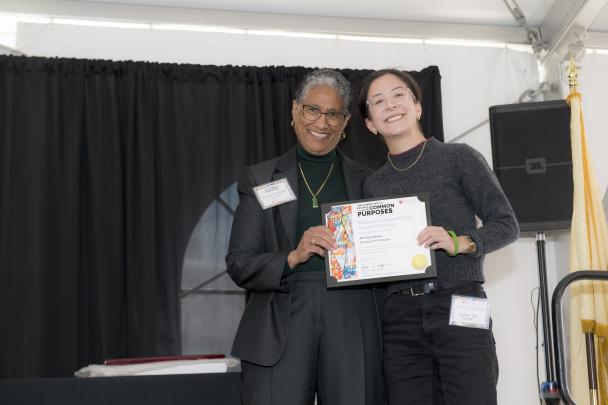 (l. to r.)Denise Rodgers (MD), Vice Chancellor Interprofessional Programs, RBHS , CACP Chair, pictured with Beloved Community Art Award 4th place winner for Literary Arts category, Emma Wu (Camden)