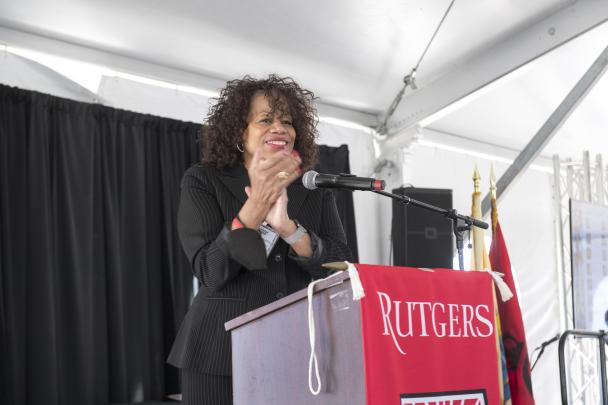 Clement A. Price Human Dignity Award recipient, Lori Scott-Pickens, School of Criminal Justice director Community Outreach (Staff, Newark) speaks during the Beloved Community Awards held in the president's tent on College Avenue