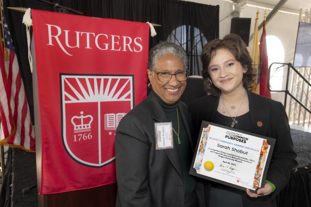 Denise Rodgers (MD), Vice Chancellor Interprofessional Programs, RBHS , CACP Chair, pictured with Beloved Community Award recipient Sarah Shobut (SASN '22)