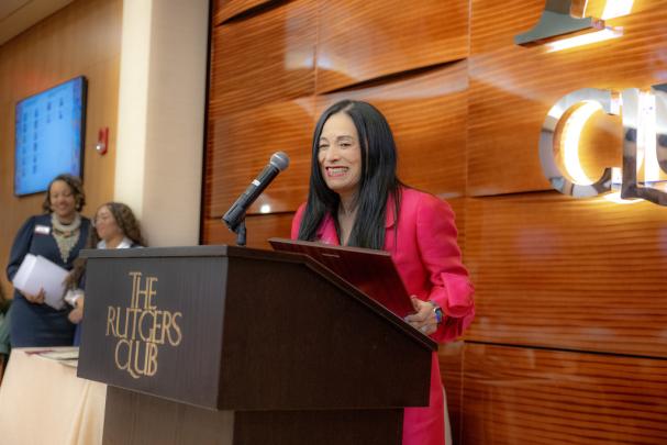 Gloria Bonilla-Santiago, founder of the LEAP Academy University Charter School and 2024 recipient of the Clement A. Price Human Dignity Award, makes remarks at the Committee to Advance our Common Purposes Awards Ceremony, held at the Rutgers Club on Livingston Campus.