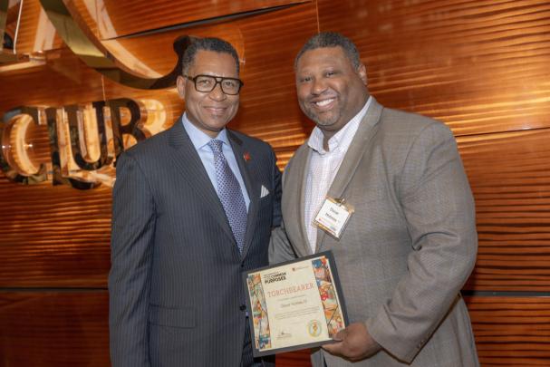 (l. to r.) Antonio D. Tillis, Chancellor of Rutgers–Camden with Oscar Holmes, Associate Professor and Director of the Rutgers University Executive Program at the Camden School of Business and a 2024 Torchbearer Award recipient, at the Committee to Advance our Common Purposes Awards Ceremony.