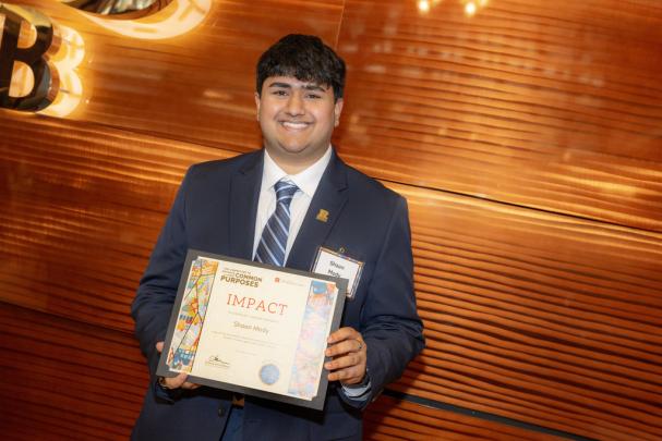 Shaan Mody, an undergraduate student at Rutgers Camden College of Arts and Sciences and 2024 Impact Award recipient, at the Committee to Advance our Common Purposes Awards Ceremony.