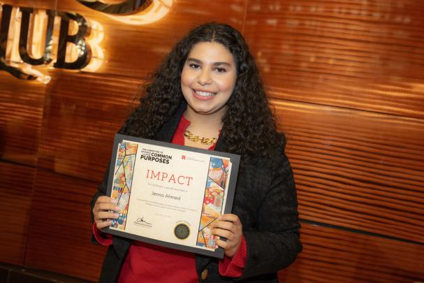 Jenna Ahmed, an undergraduate student at Rutgers Camden School of Arts and Sciences is a 2024 Impact Award recipient, at the Committee to Advance our Common Purposes Awards Ceremony.