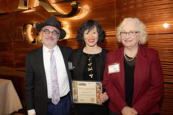 (l. to r.) George Leibowitz, Dean,  School of Social Work, Marla Blunt-Carter, Associate Professor of Professional Practice (SSW)  and a Torchbearer Award recipient , and Cathryn Potter, Distinguished Professor (SSW), at the Committee to Advance our Common Purposes Awards Ceremony.